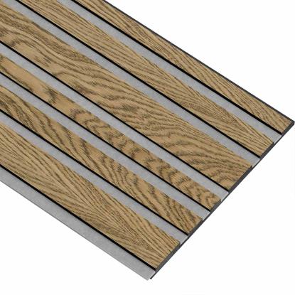 I-Wood Medio+ Mixed akustikpanel, mørkebrun olieret, grå filt og sort kerne, egefiner, 17 x 300 mm