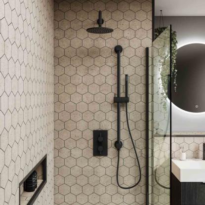 Fibo Cement vådrumspanel med hexagon fliselook, 10 x 600 x 2400 mm, rough cement gem stone