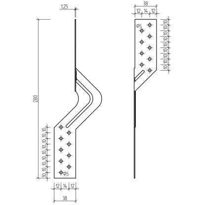 SIMA forankringsbeslag vrid, pregalvaniseret, 280 x 38 x 1,5 mm