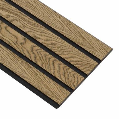 I-Wood Basic 4-lamel akustikpanel, mørkebrun olieret, sort filt og sort kerne, egefiner, 17 x 300 mm 