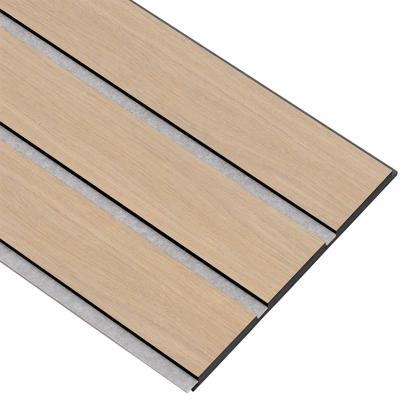 I-Wood Medio+ 3-lamel akustikpanel, ubehandlet natur, grå filt og sort kerne, egefiner, 17 x 300 mm