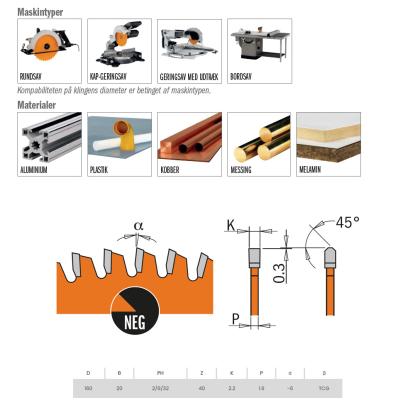 CMT rundsavsklinge til aluminium og plastik, Z40 NE Neg, Ø160 x 2,2 x 20 mm