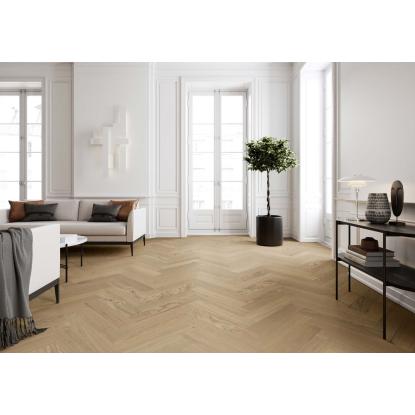 Moland Super Eg Herringbone Design Brisbane White Oak plankegulv, venstre stav, hvid matlak