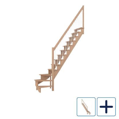 DOLLE Lyon kvartsvingstrappe, 65 cm trin og gelænder med stålbalustre, lakeret eg