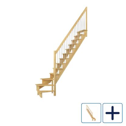 DOLLE Lyon kvartsvingstrappe, 65 cm trin og gelænder med stålbalustre, lakeret fyr