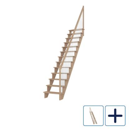 DOLLE Lyon ligeløbstrappe, 65 cm trin og gelænder med stålbalustre, lakeret eg