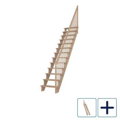 DOLLE Lyon ligeløbstrappe, 75 cm trin og gelænder med træbalustre, lakeret eg