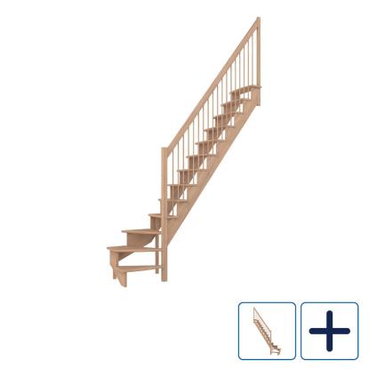 DOLLE Lyon kvartsvingstrappe, 65 cm trin og gelænder med træbalustre, lakeret eg