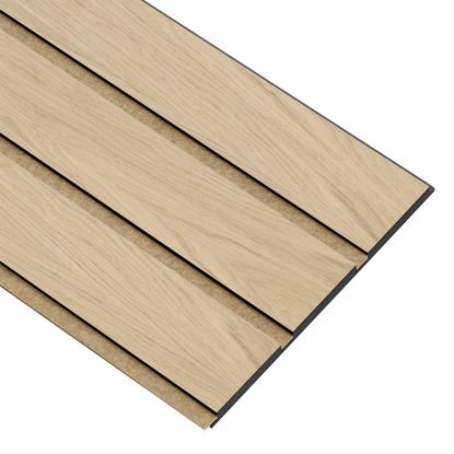 I-Wood Medio+ 3-lamel akustikpanel, hvid olieret, brun filt og sort kerne, egefiner, 17 x 300 mm