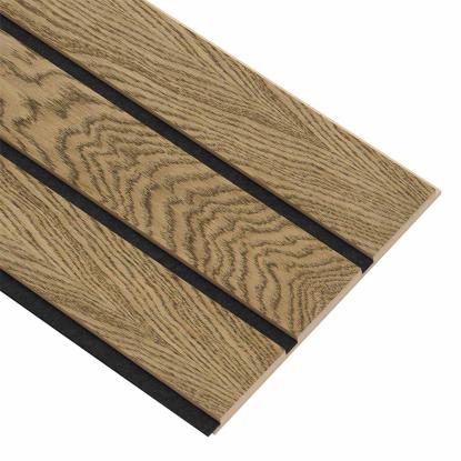 I-Wood Medio+ 3-lamel akustikpanel, mørkebrun olieret, sort filt og lys kerne, egefiner, 16 x 300 mm