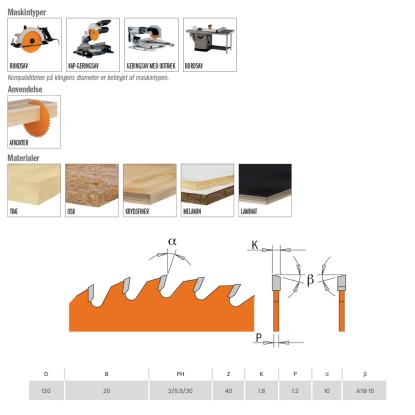 CMT rundsavsklinge til træ, Z40 W, Ø120 x 1,8 x 20 mm