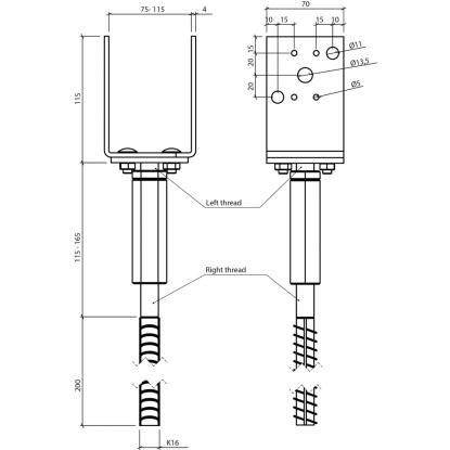 SIMA stolpebærer type VHB1, varmforzinket, 75-115 x 70 x 115 + 315-365 mm