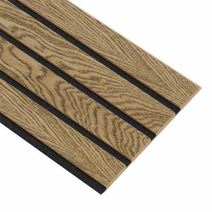 I-Wood Medio+ 4-lamel akustikpanel, mørkebrun olieret, sort filt og lys kerne, egefiner, 16 x 300 mm